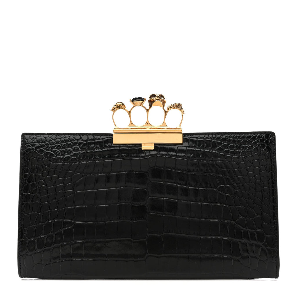 Calfskin Crocodile Embossed Knuckle Flat Clutch Black Gold