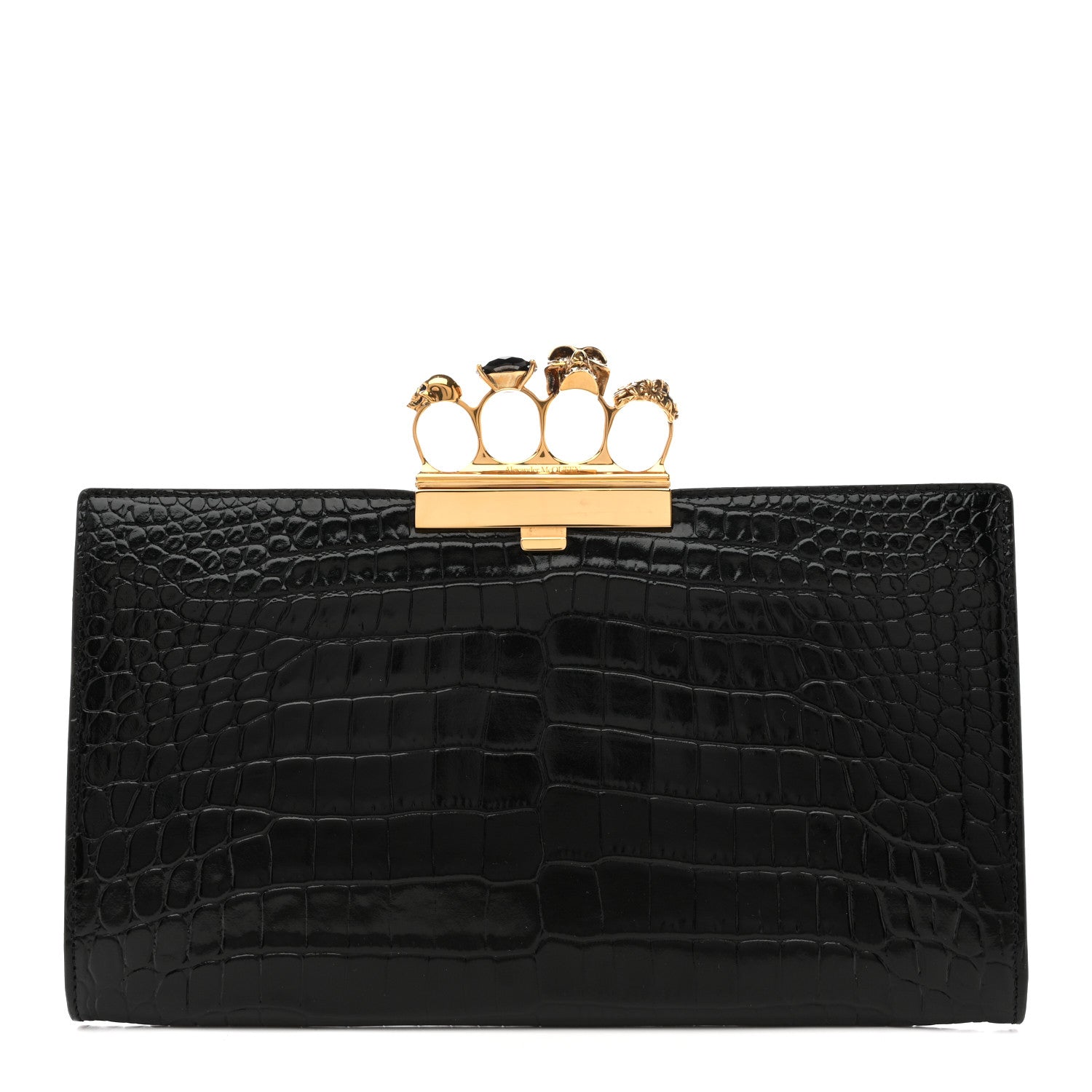 Calfskin Crocodile Embossed Knuckle Flat Clutch Black Gold
