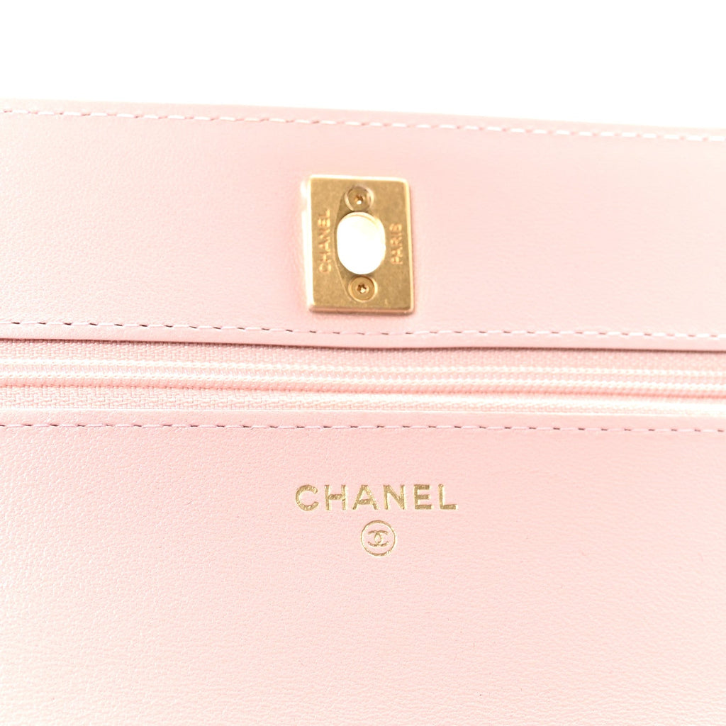 Lambskin Quilted CC Pearl Crush Wallet on Chain WOC Light Pink