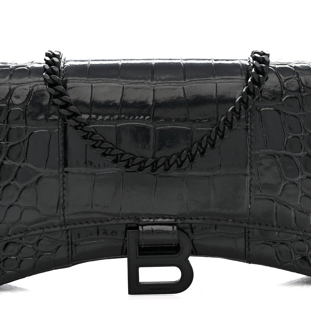 Shiny Calfskin Monochrome Crocodile Embossed Hourglass Chain Bag Black