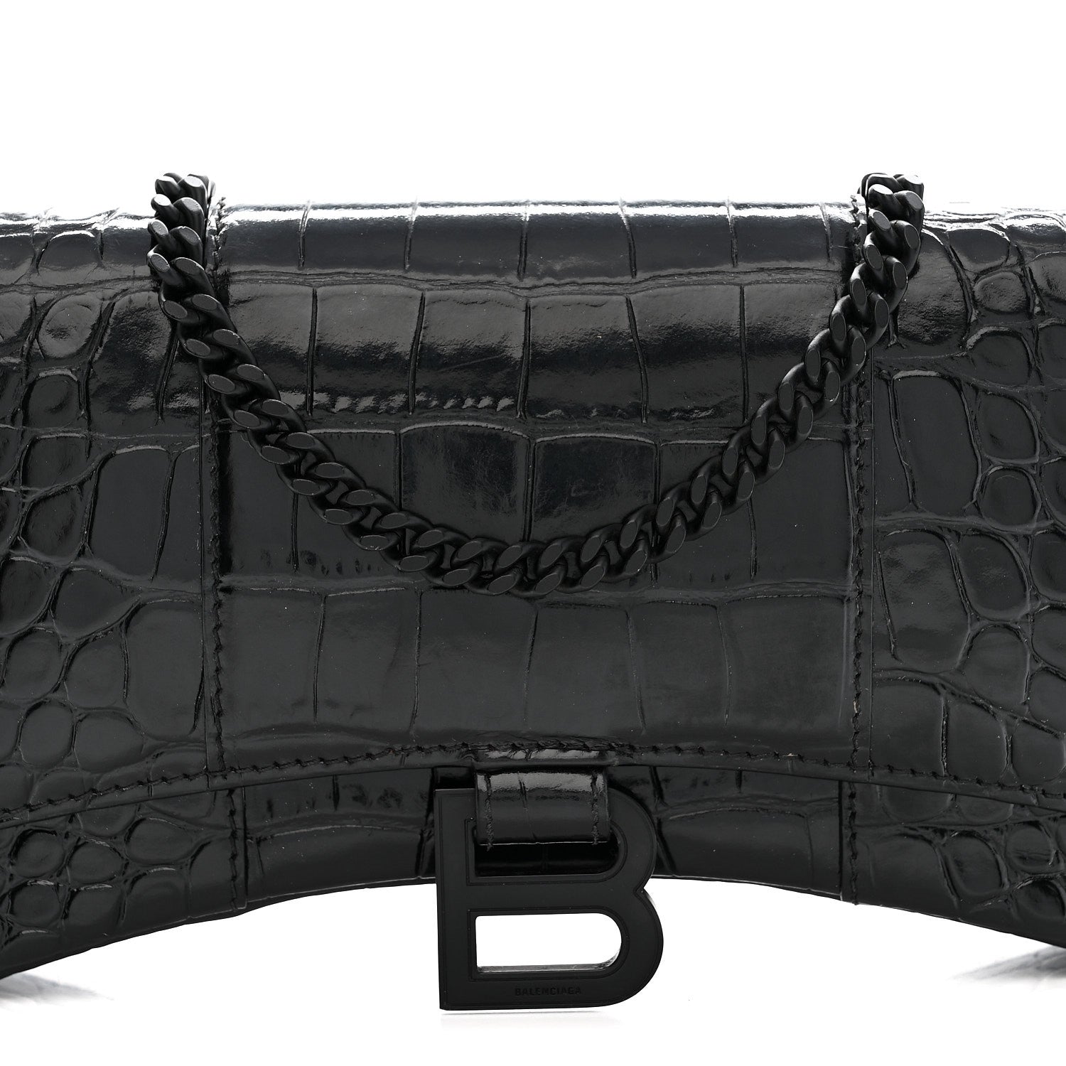 Shiny Calfskin Monochrome Crocodile Embossed Hourglass Chain Bag Black
