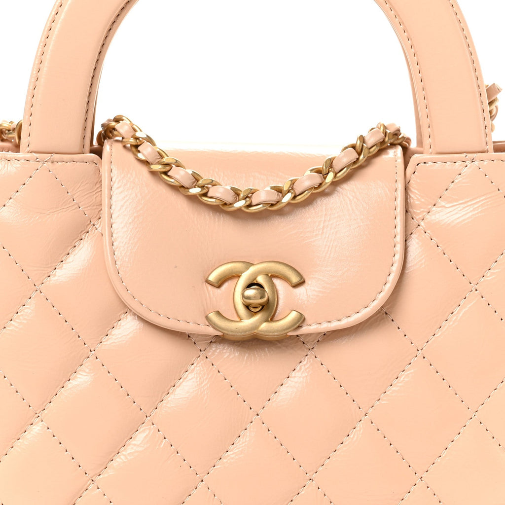 Shiny Aged Calfskin Quilted Nano Kelly Shopper Beige
