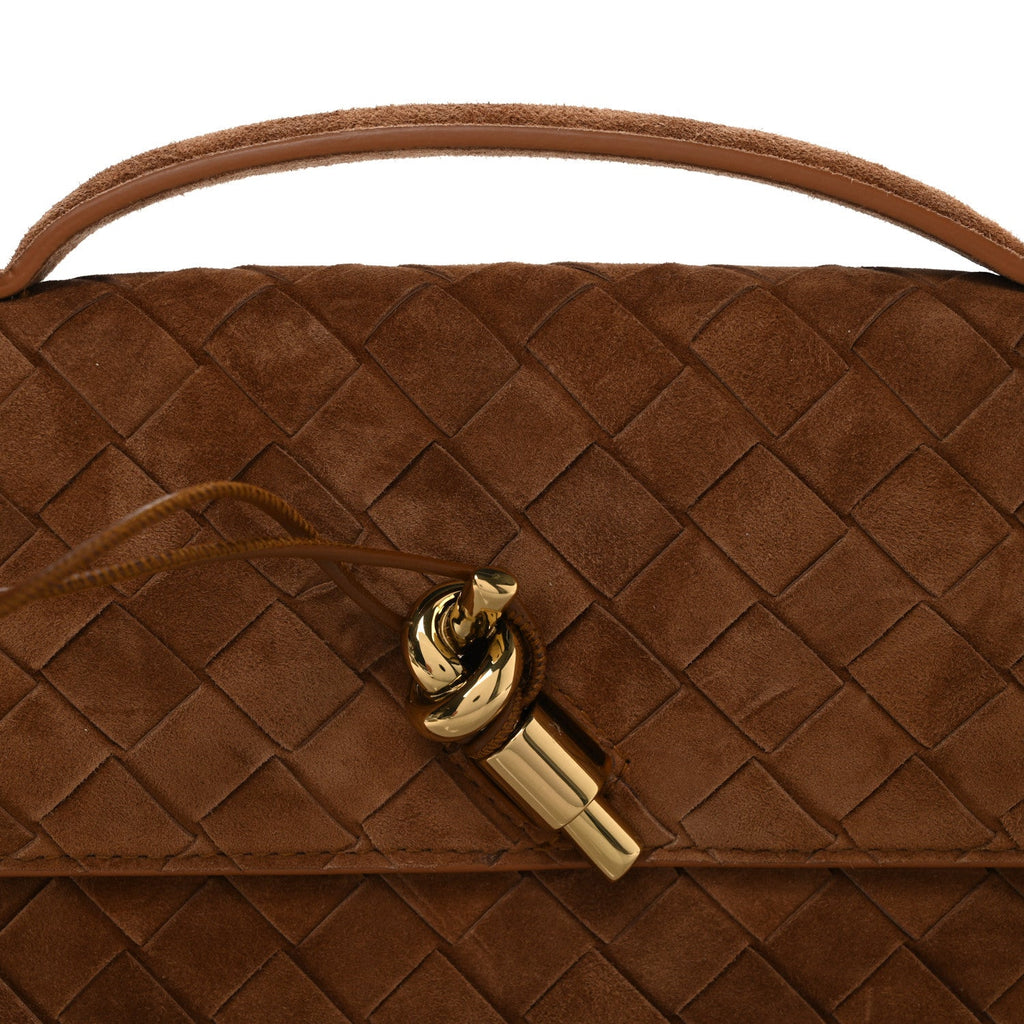 Suede Intrecciato Long Andiamo Top Handle Clutch Amber