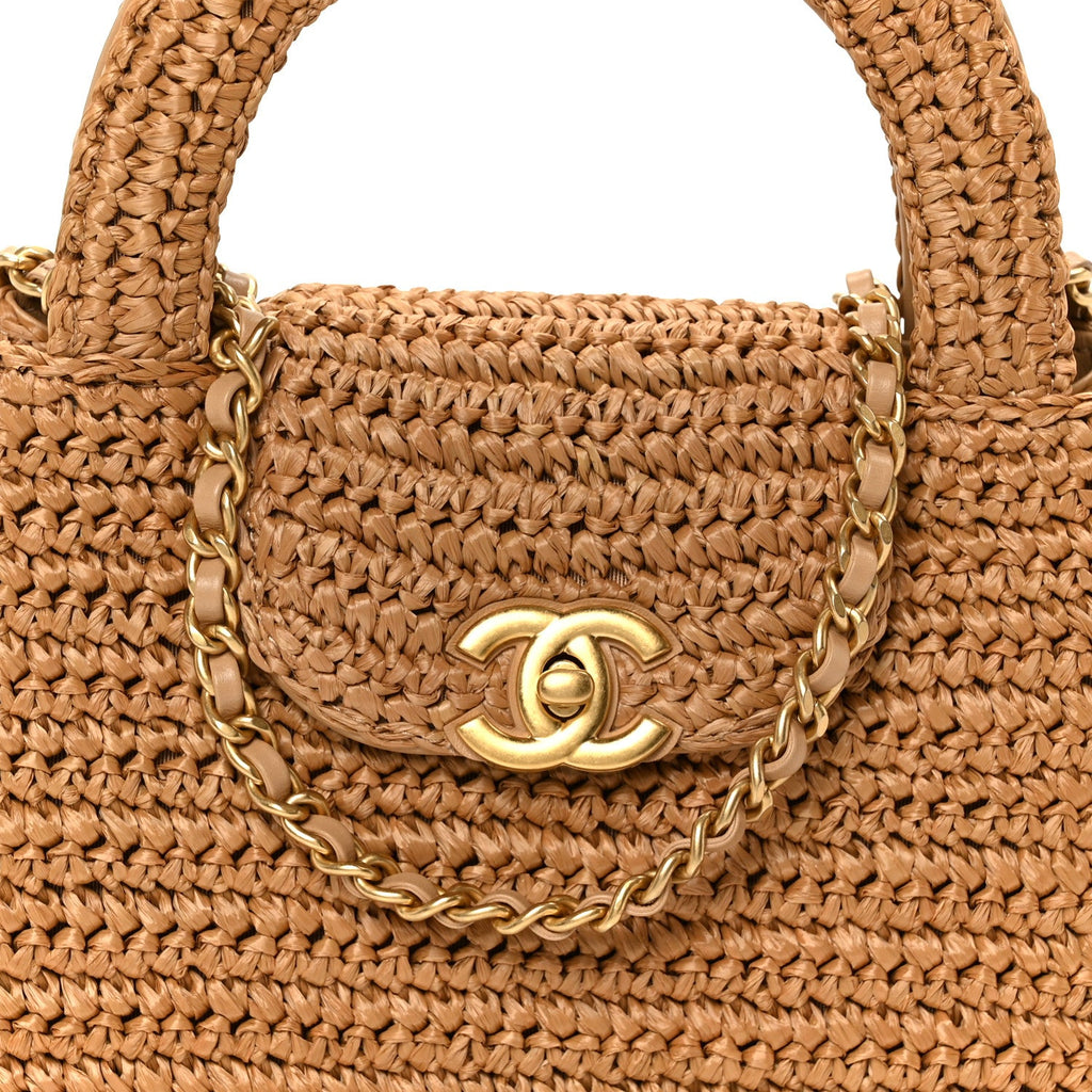Braided Raffia Nano Kelly Flap Bag Dark Beige