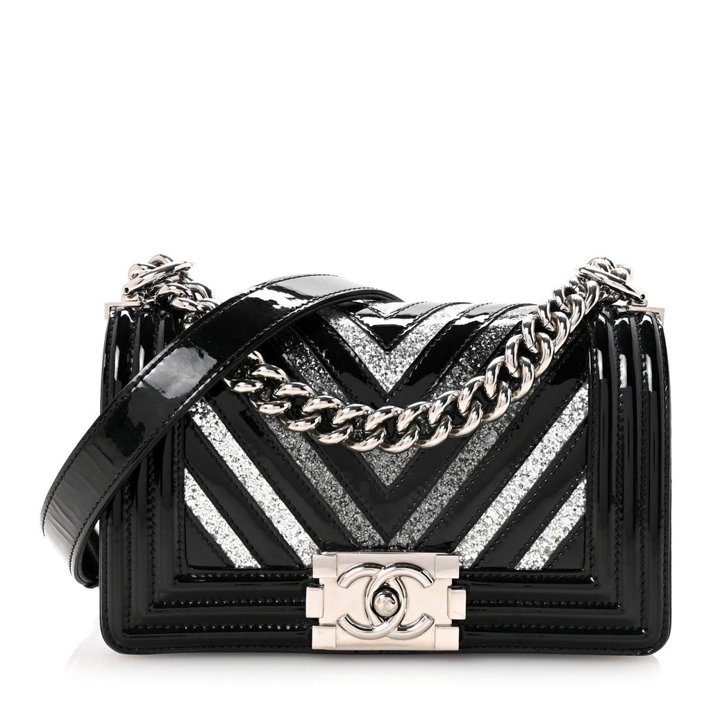 Patent Glitter PVC Chevron Quilted Small Boy Flap Black Silver