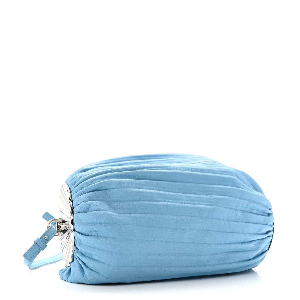 Lambskin Pleated Bracelet Pouch Shoulder Bag Soft Blue