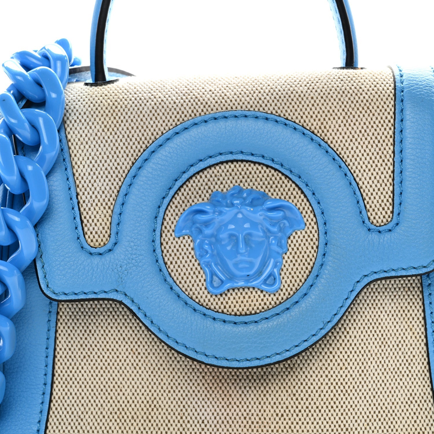 Grained Calfskin Canvas Small La Medusa Chain Top Handle Handbag Rope Blue