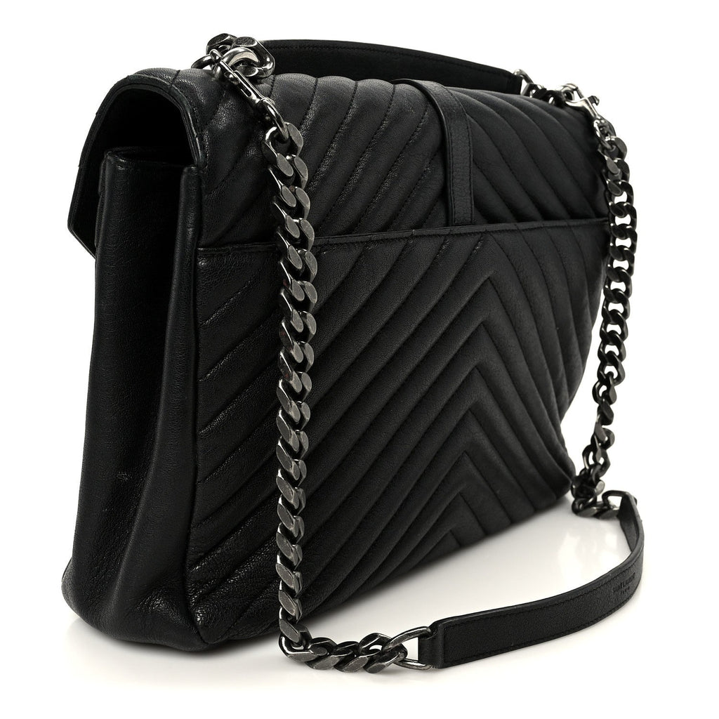 Sheepskin Matelasse Chevron Monogram Large College Satchel Black