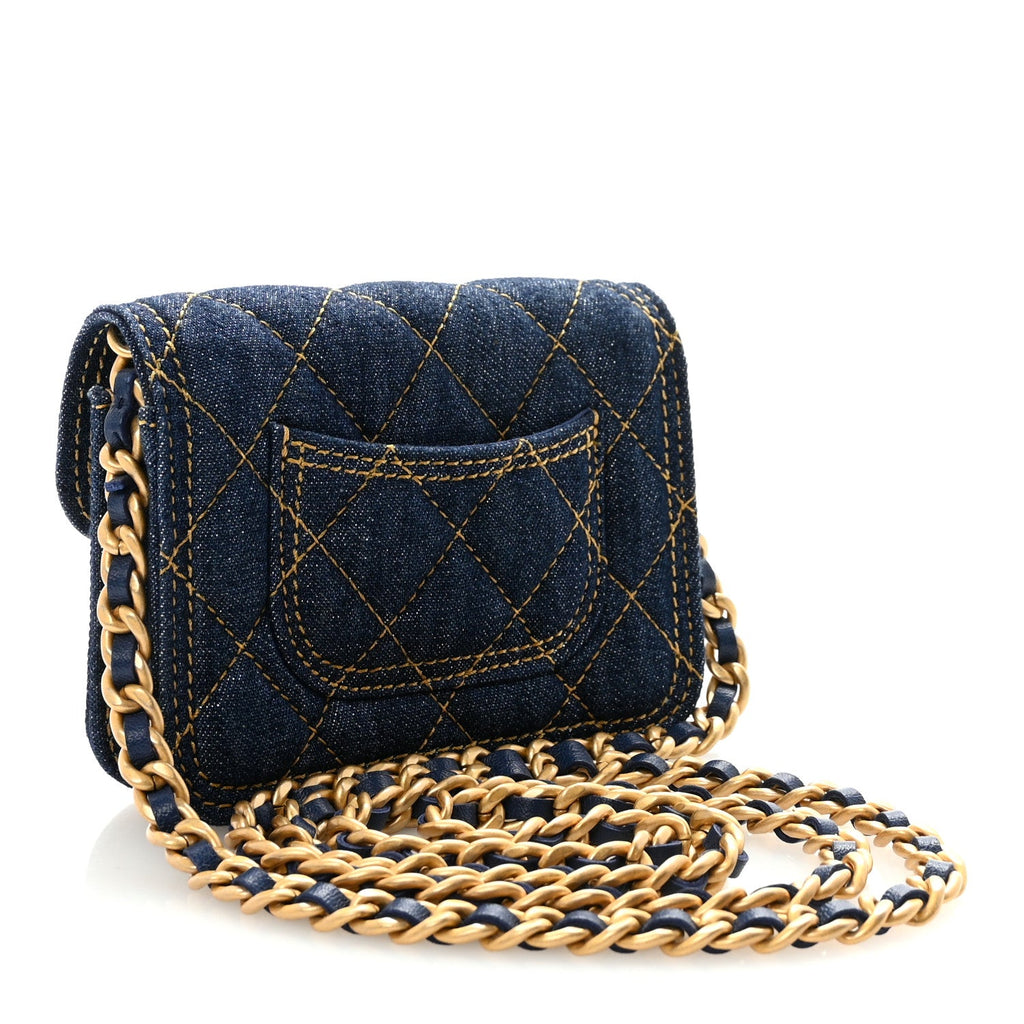Denim Quilted Double You  Holder On Chain Blue