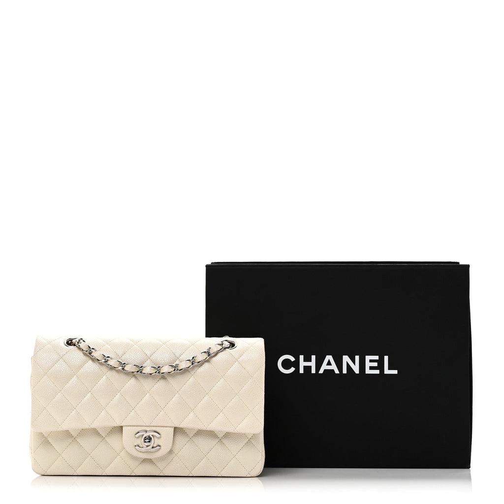 Iridescent Caviar Quilted Medium Double Flap White
