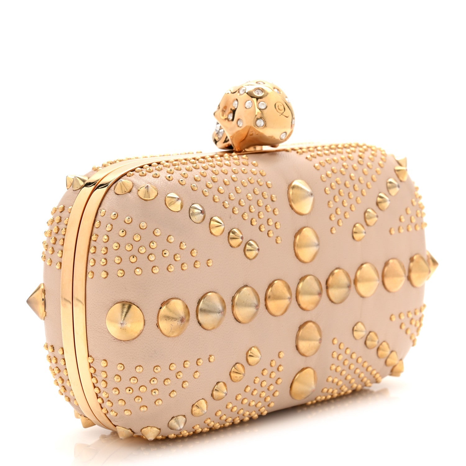 Calfskin Studded Britannia Skull Box Clutch Beige