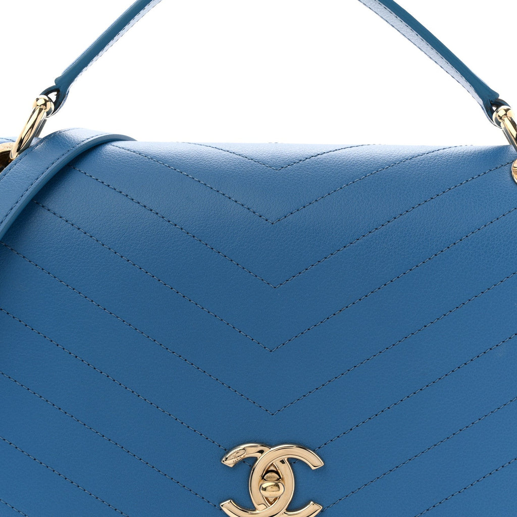 Grained Calfskin Medium Chevron Chic Top Handle Flap Blue