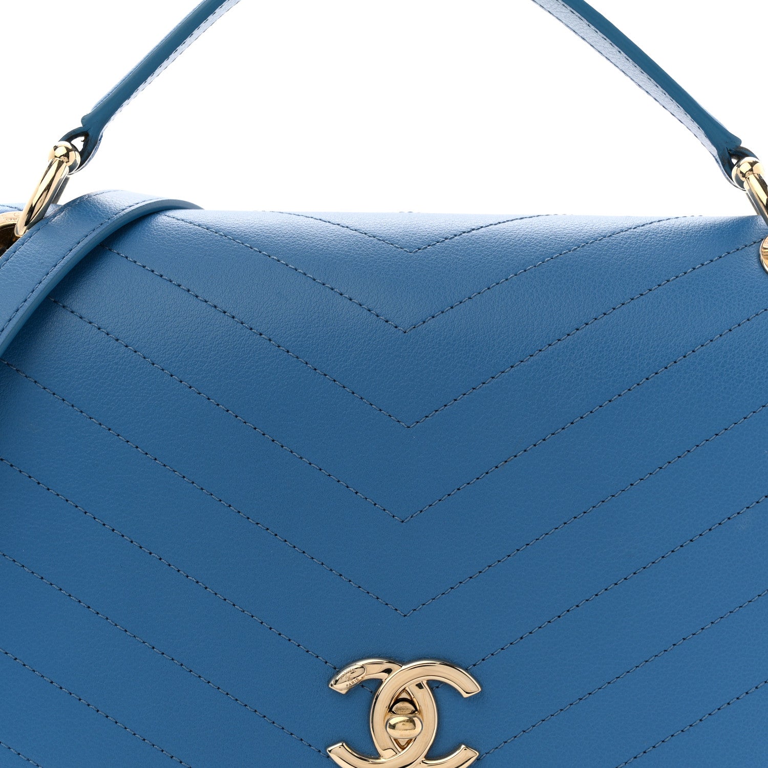 Grained Calfskin Medium Chevron Chic Top Handle Flap Blue