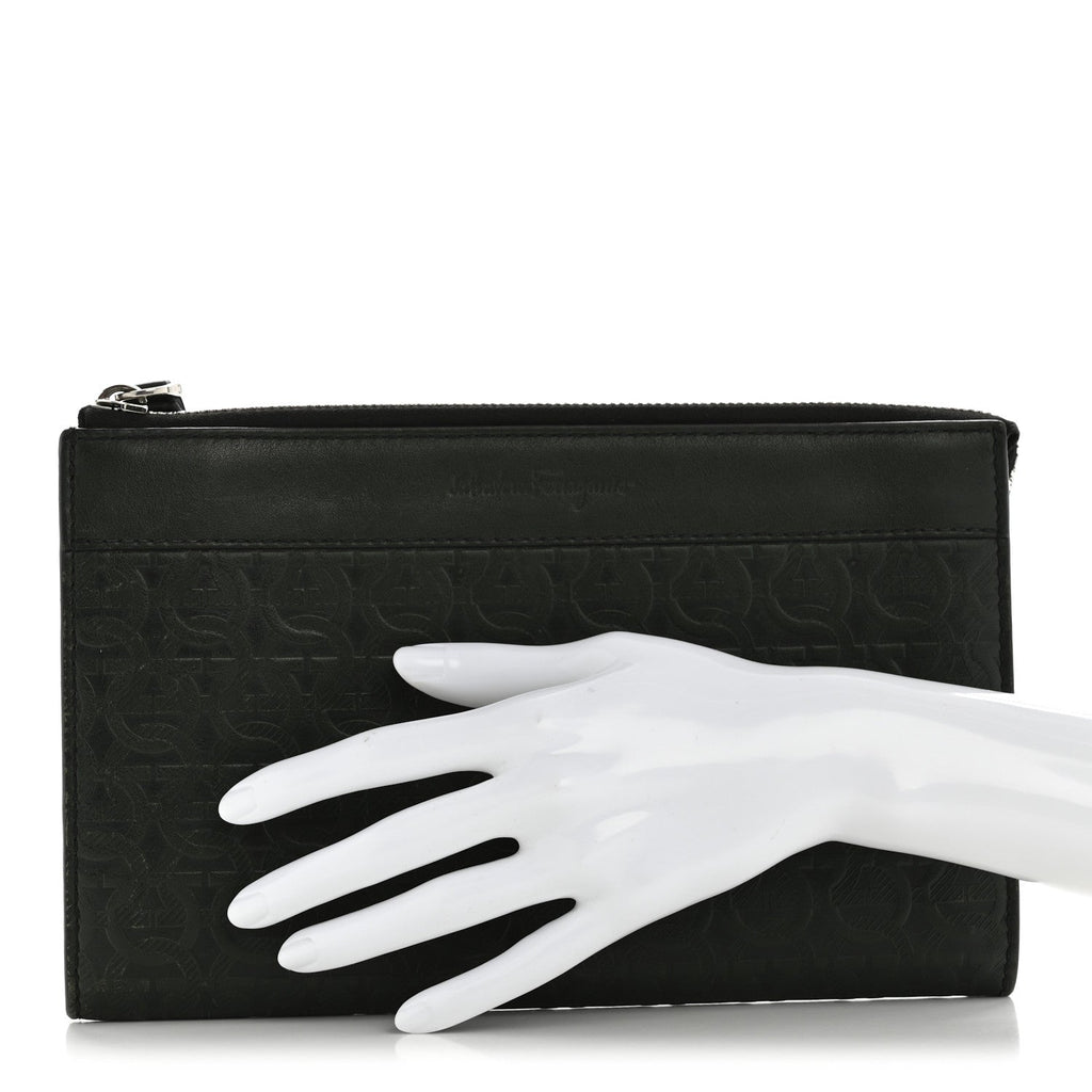Calfskin Gancini Embossed Wristlet Clutch Dark Green