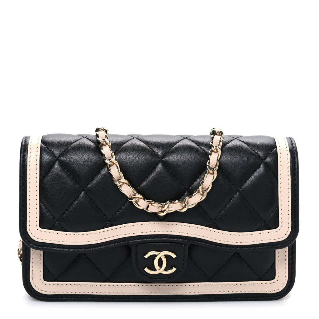 Lambskin Quilted Phone Holder Wallet With Chain Black Beige