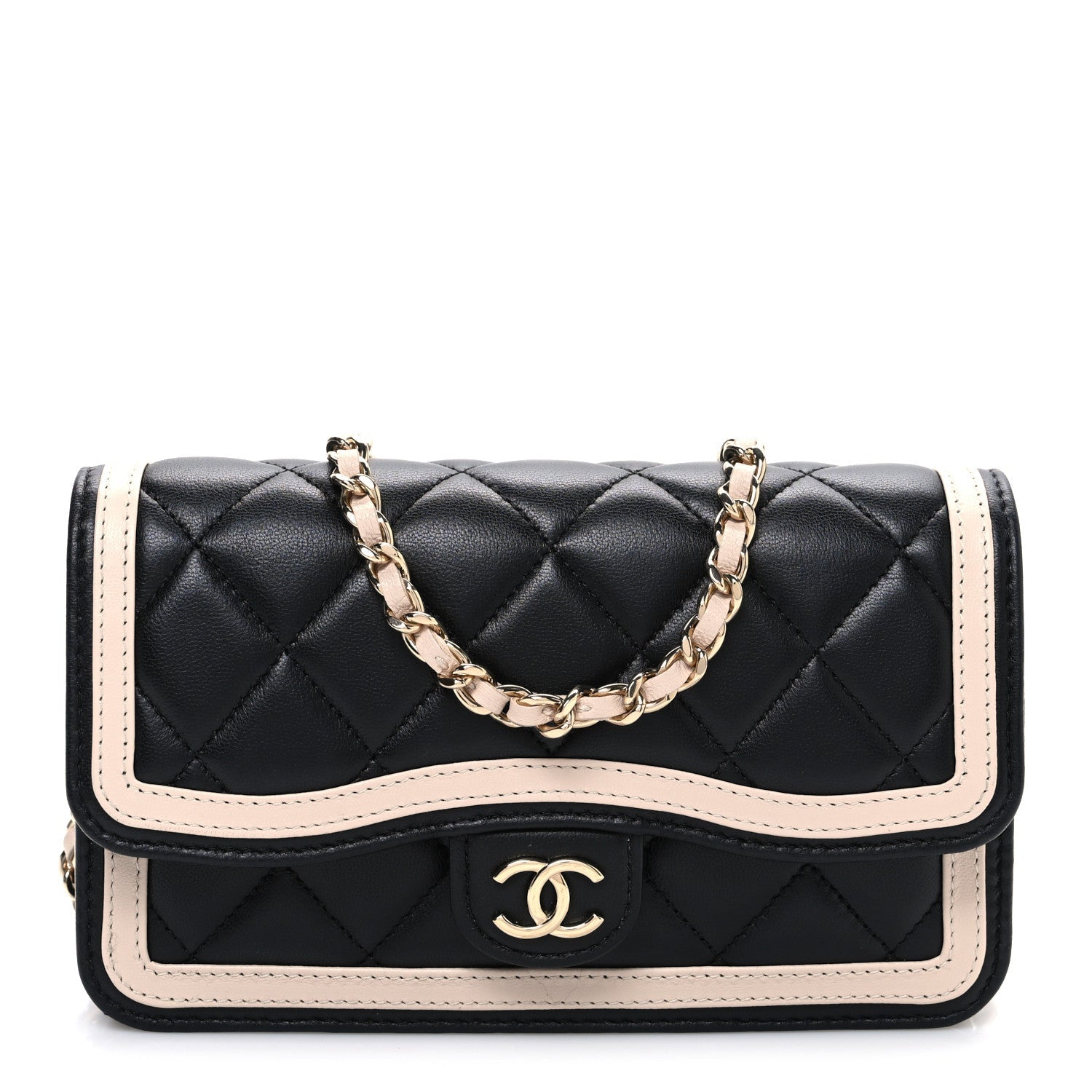 Lambskin Quilted Phone Holder Wallet With Chain Black Beige