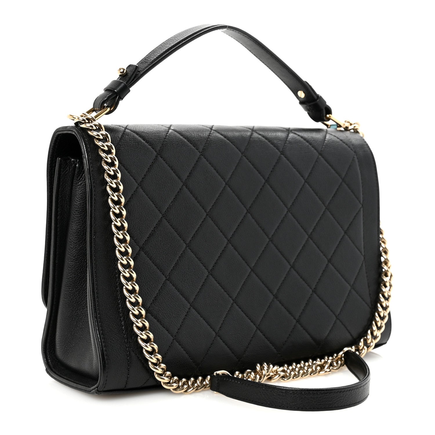 Grained Calfskin Quilted Large Label  Flap Bag Black