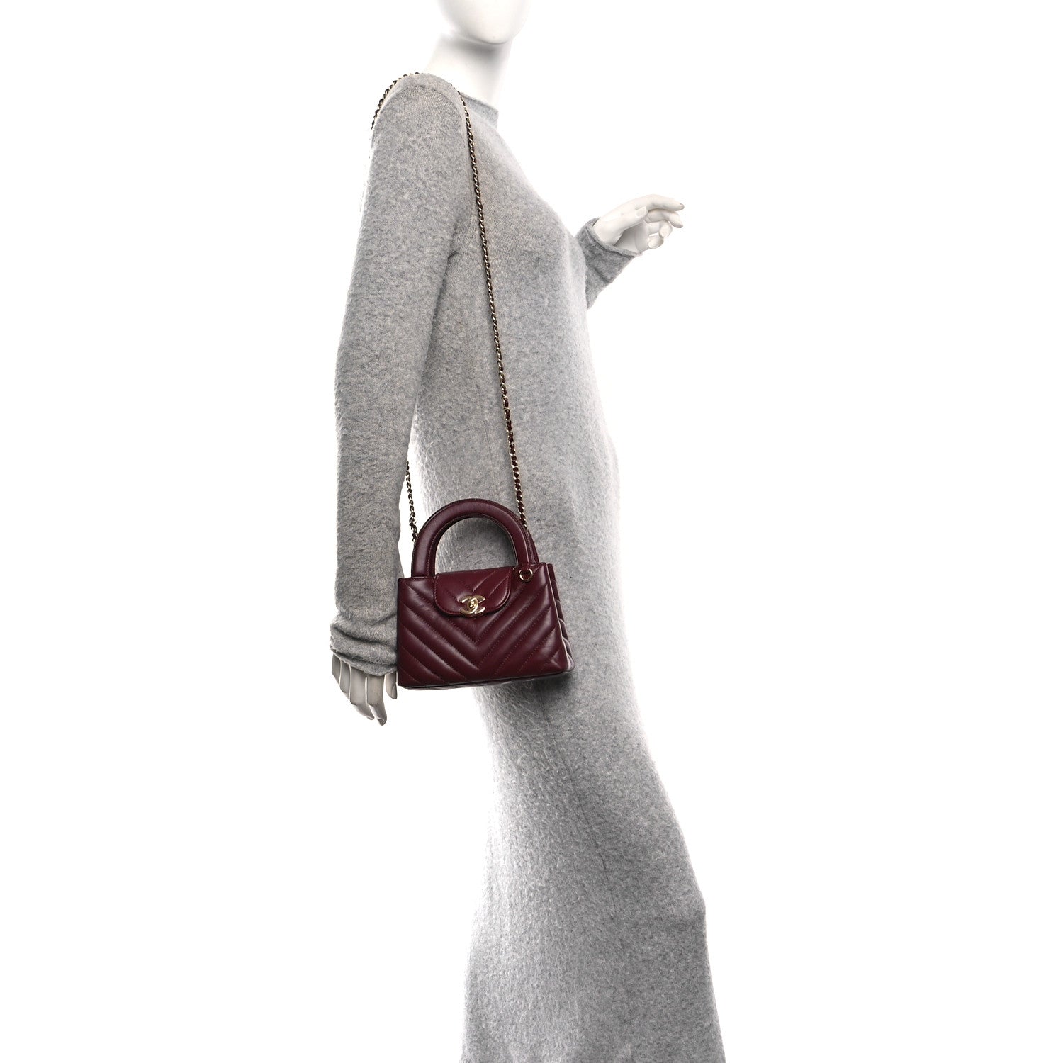 Shiny Lambskin Chevron Quilted Nano Kelly Shopper Dark Burgundy