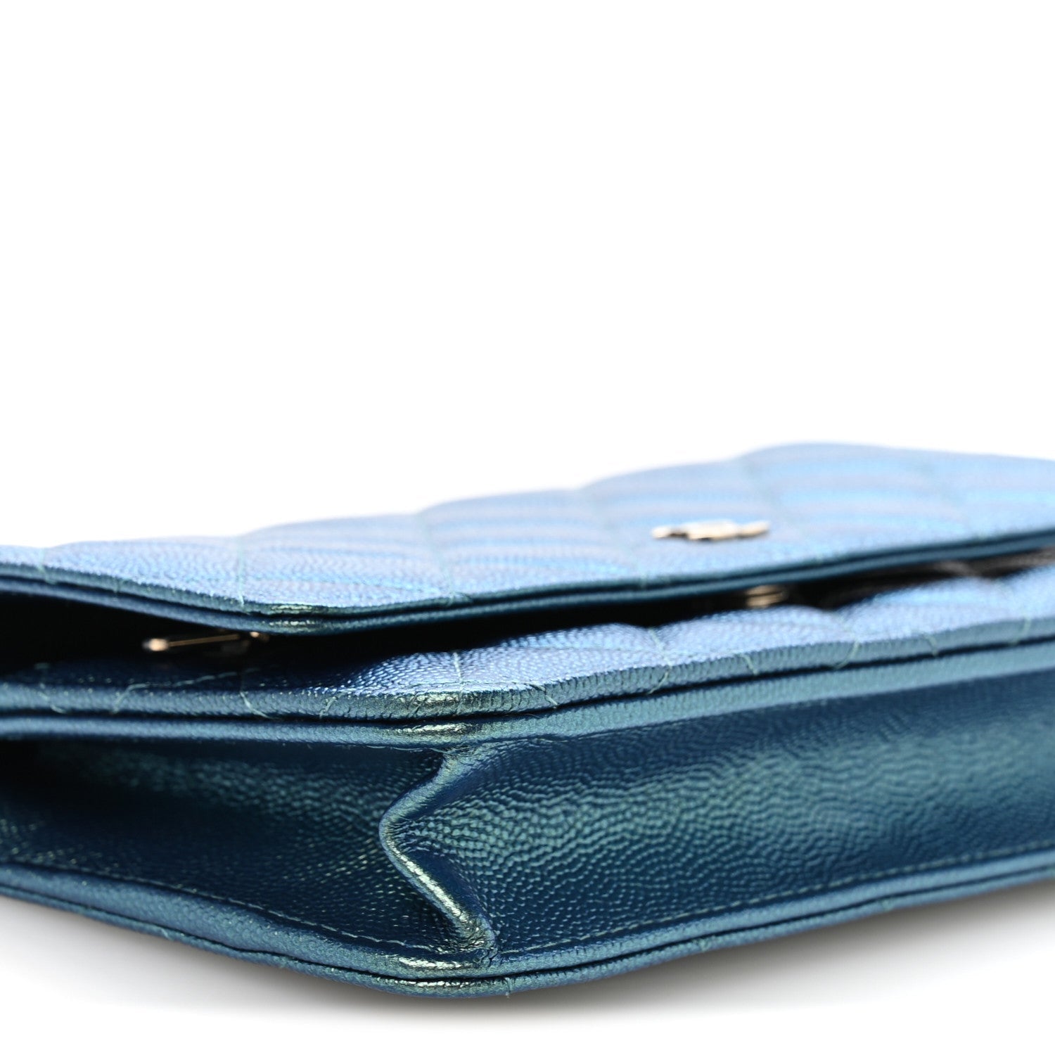 Iridescent Caviar Quilted Wallet on Chain WOC Dark Blue