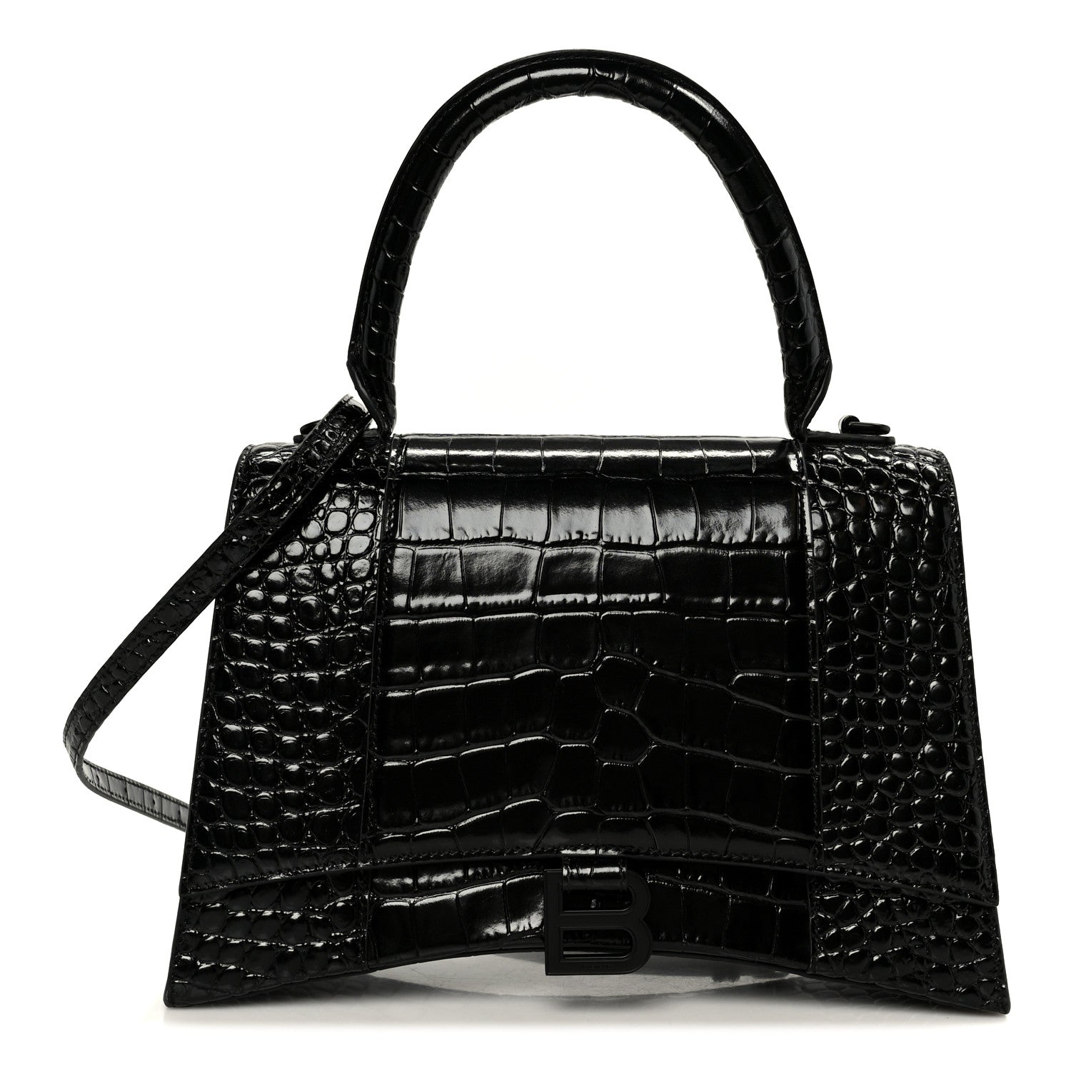 Shiny Calfskin Monochrome Crocodile Embossed Medium Hourglass Top Handle Bag Black