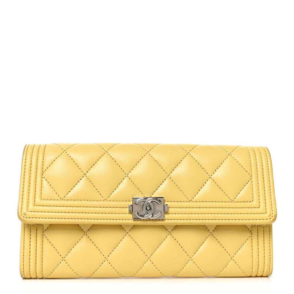 Lambskin Quilted Large Boy Flap Wallet Yellow