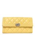 Lambskin Quilted Large Boy Flap Wallet Yellow