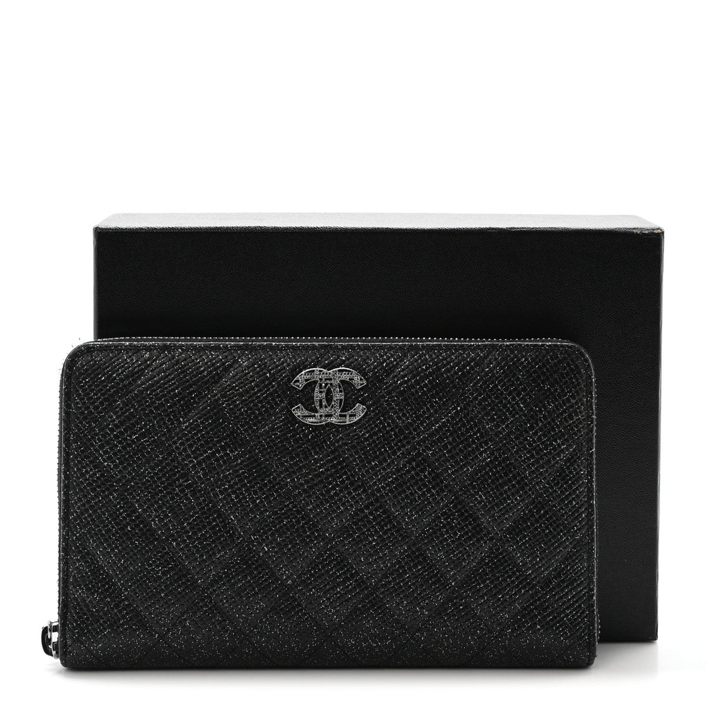 Glittered Calfskin Quilted Large Zip Around Organizer Wallet Black