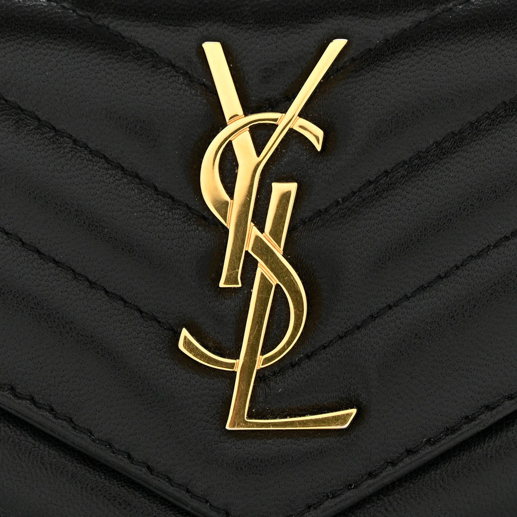 Lambskin Matelasse Chevron Monogram Compact Tri Fold Wallet Black