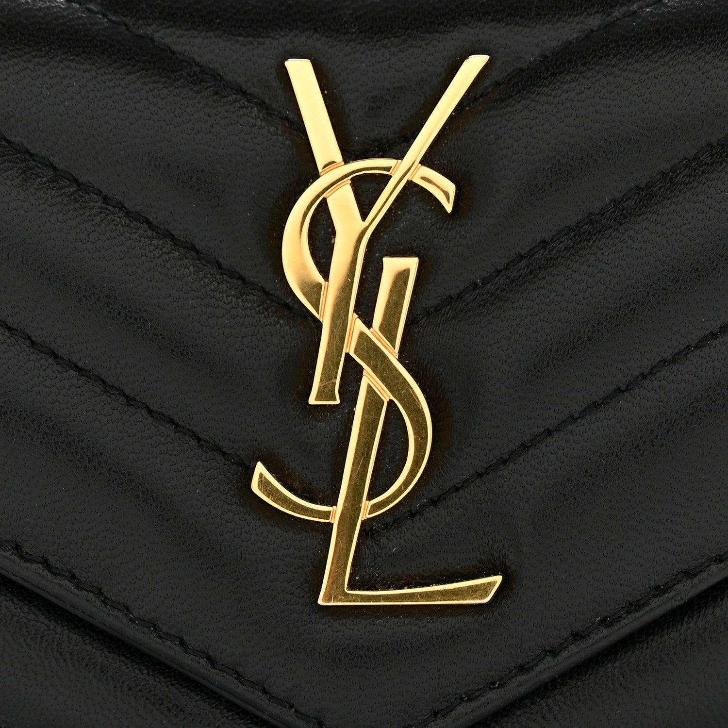Lambskin Matelasse Chevron Monogram Compact Tri Fold Wallet Black