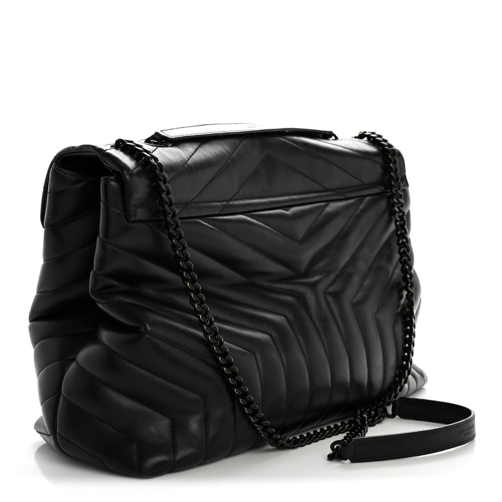 Calfskin Y Quilted Monogram Large Loulou Chain Satchel Black