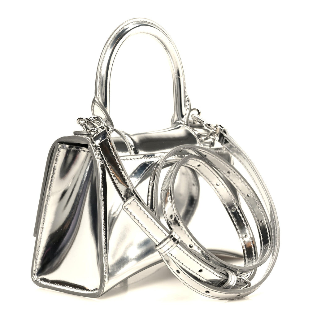 Metallic Calfskin Hourglass Top Handle Bag XS Silver
