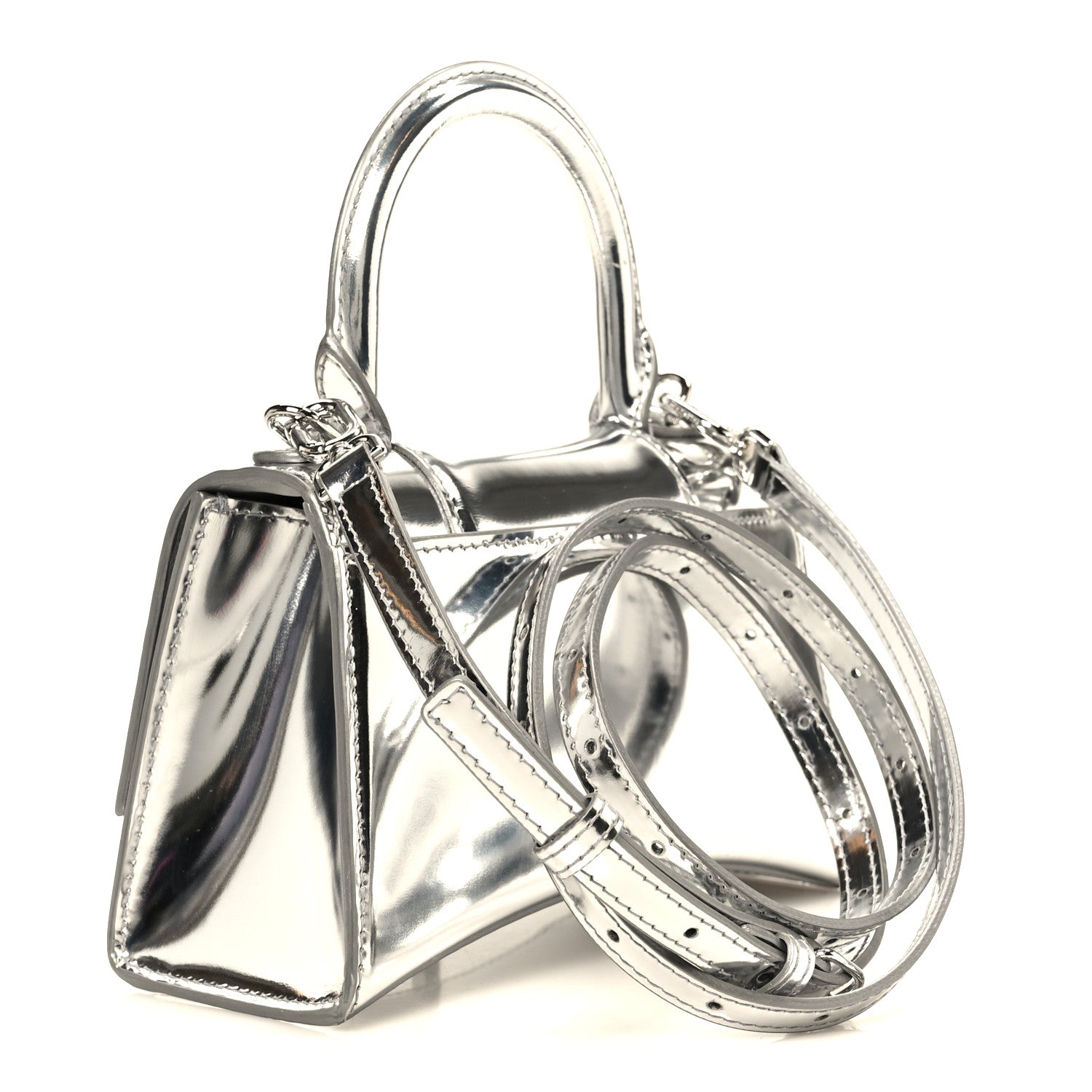 Metallic Calfskin Hourglass Top Handle Bag XS Silver