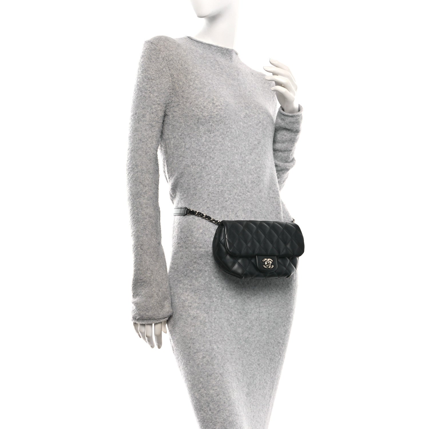 Calfskin Quilted CC Uniform Flap Belt Bag Black