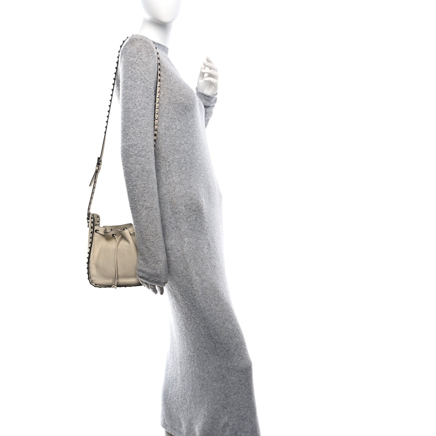Grained Calfskin Rockstud Bucket Bag Ivory