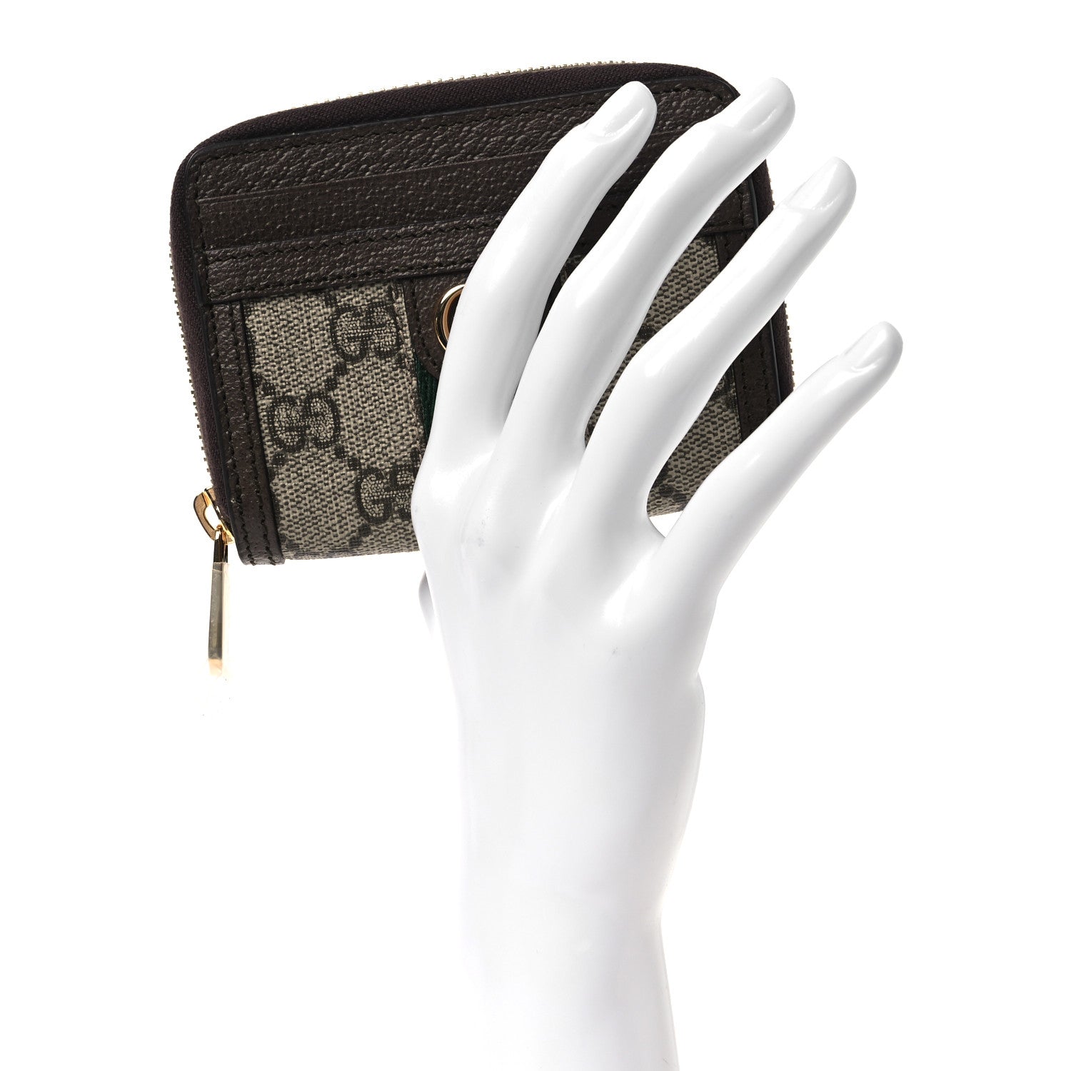GG Supreme Monogram Textured Dollar Calfskin Web Ophidia Zip Around  Case Wallet Beige Ebony New Acero