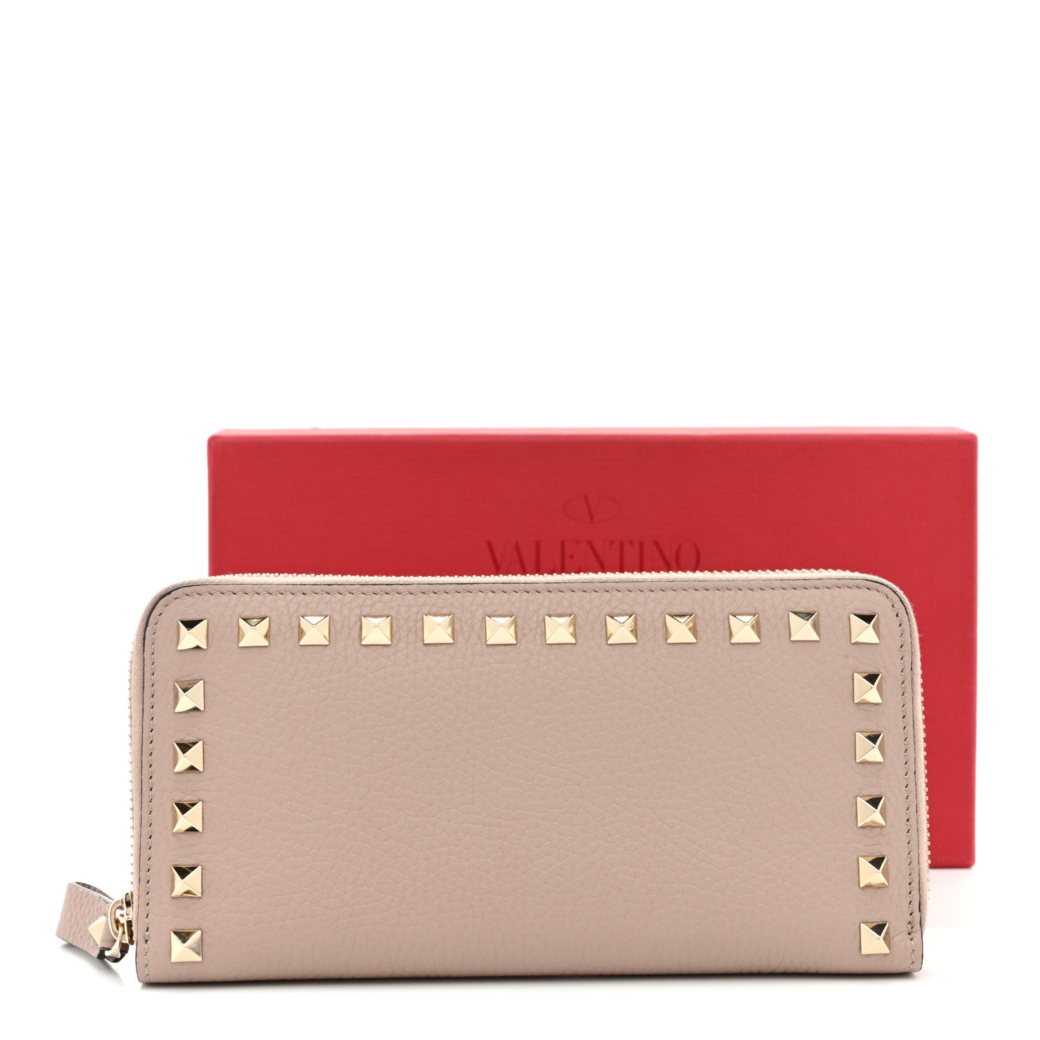 Pebbled Calfskin Rockstud Zip Around Wallet Poudre