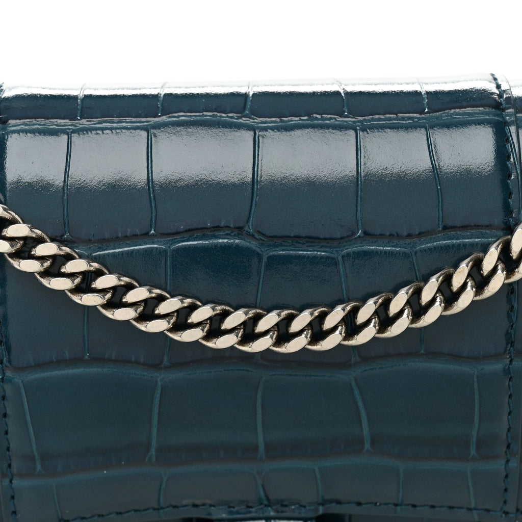 Shiny Calfskin Crocodile Embossed Hourglass Chain Bag Dark Petrol Blue