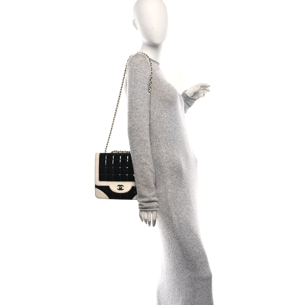 Lambskin Patent Chocolate Bar Flap Black White