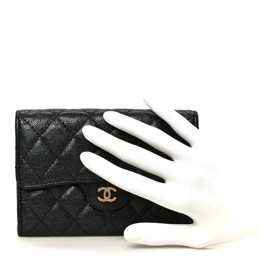 Iridescent Caviar Quilted Medium Flap Wallet Black