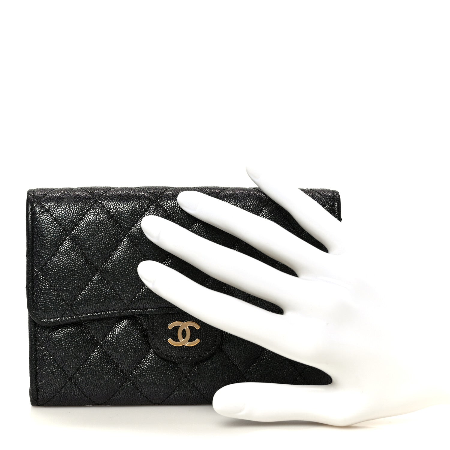 Iridescent Caviar Quilted Medium Flap Wallet Black