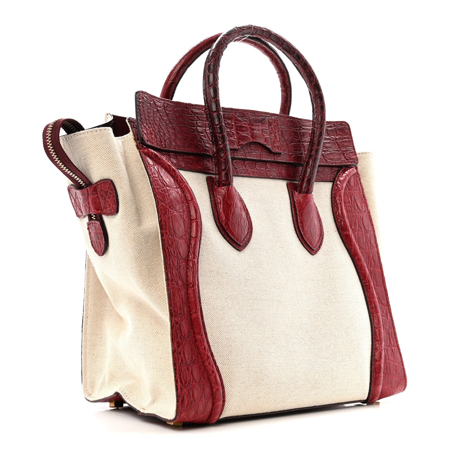 Canvas Crocodile Embossed Bi-Color Mini Luggage Beige Red