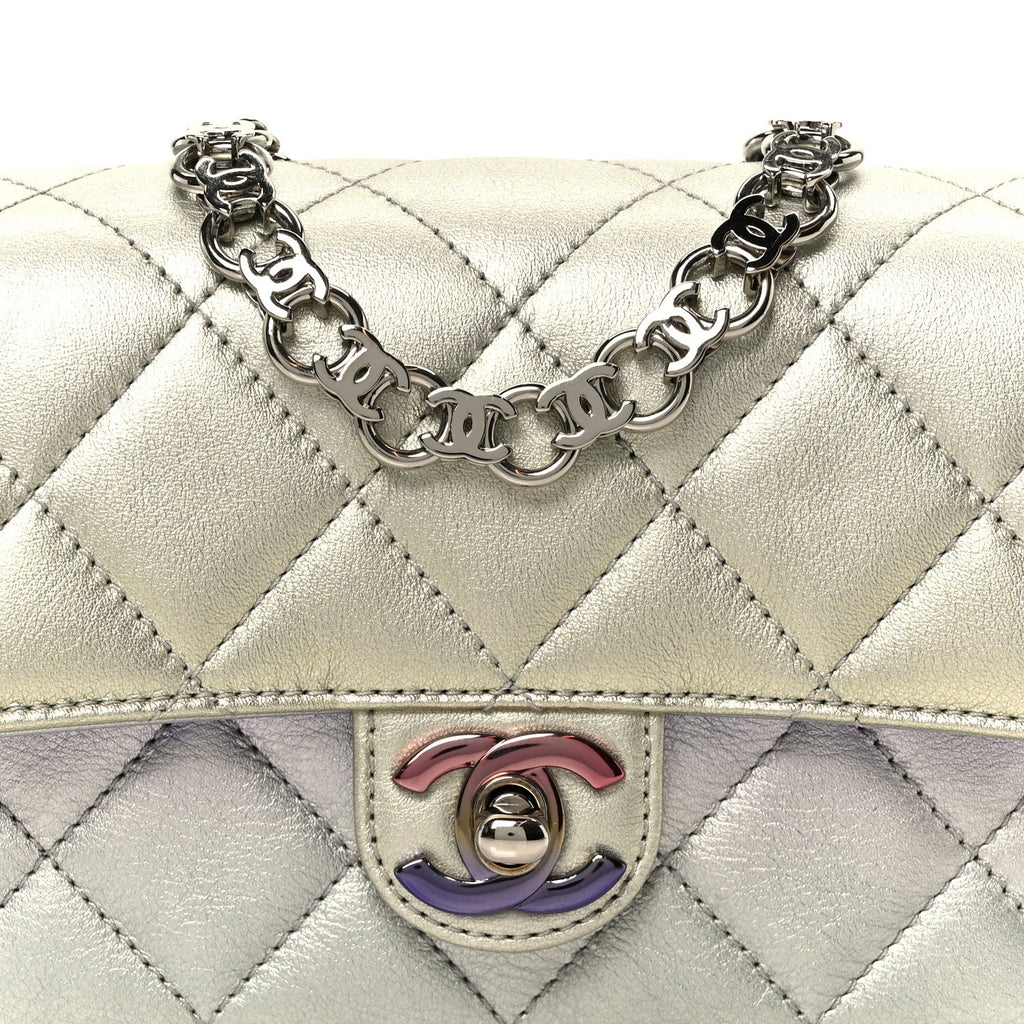 Gradient Metallic Calfskin Quilted Clutch Silver Blue Yellow Purple