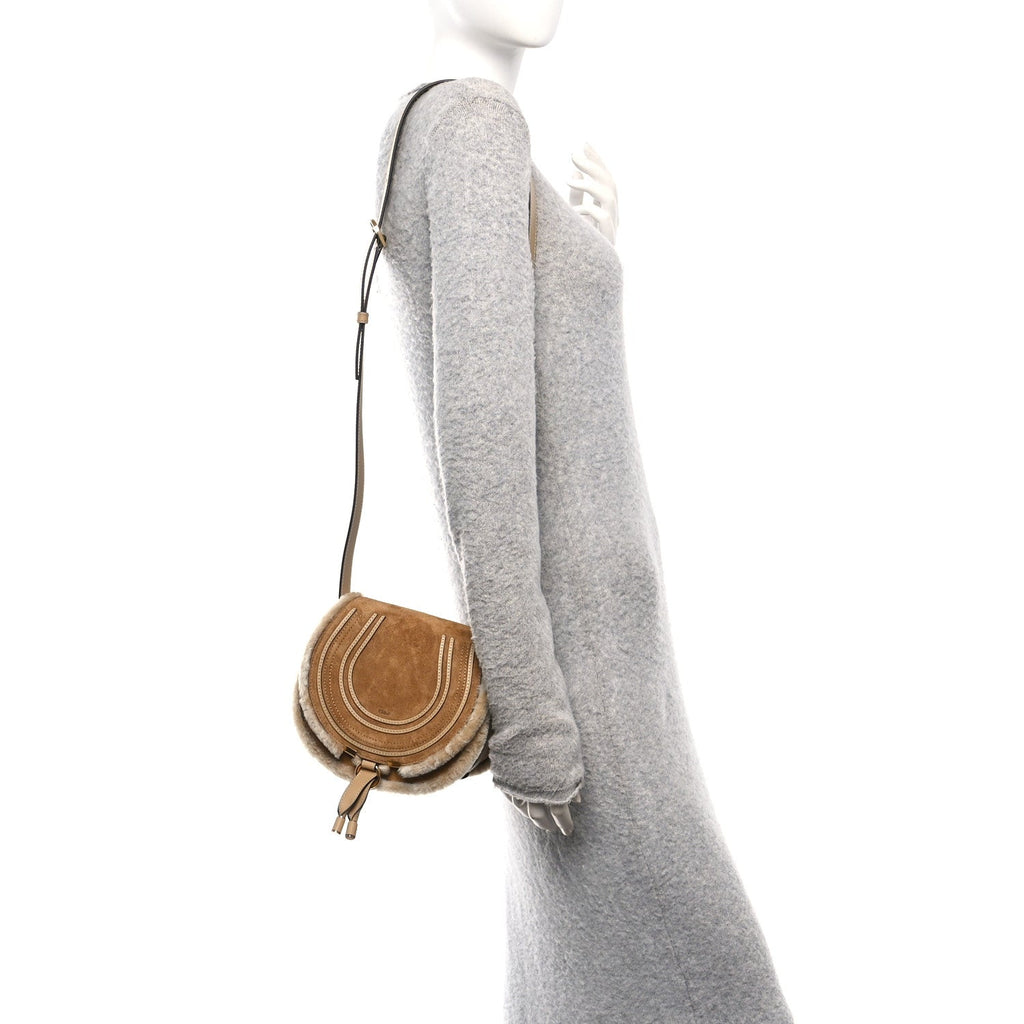 Suede Calfskin Shearling Small Marcie Saddle Bag Summery Beige