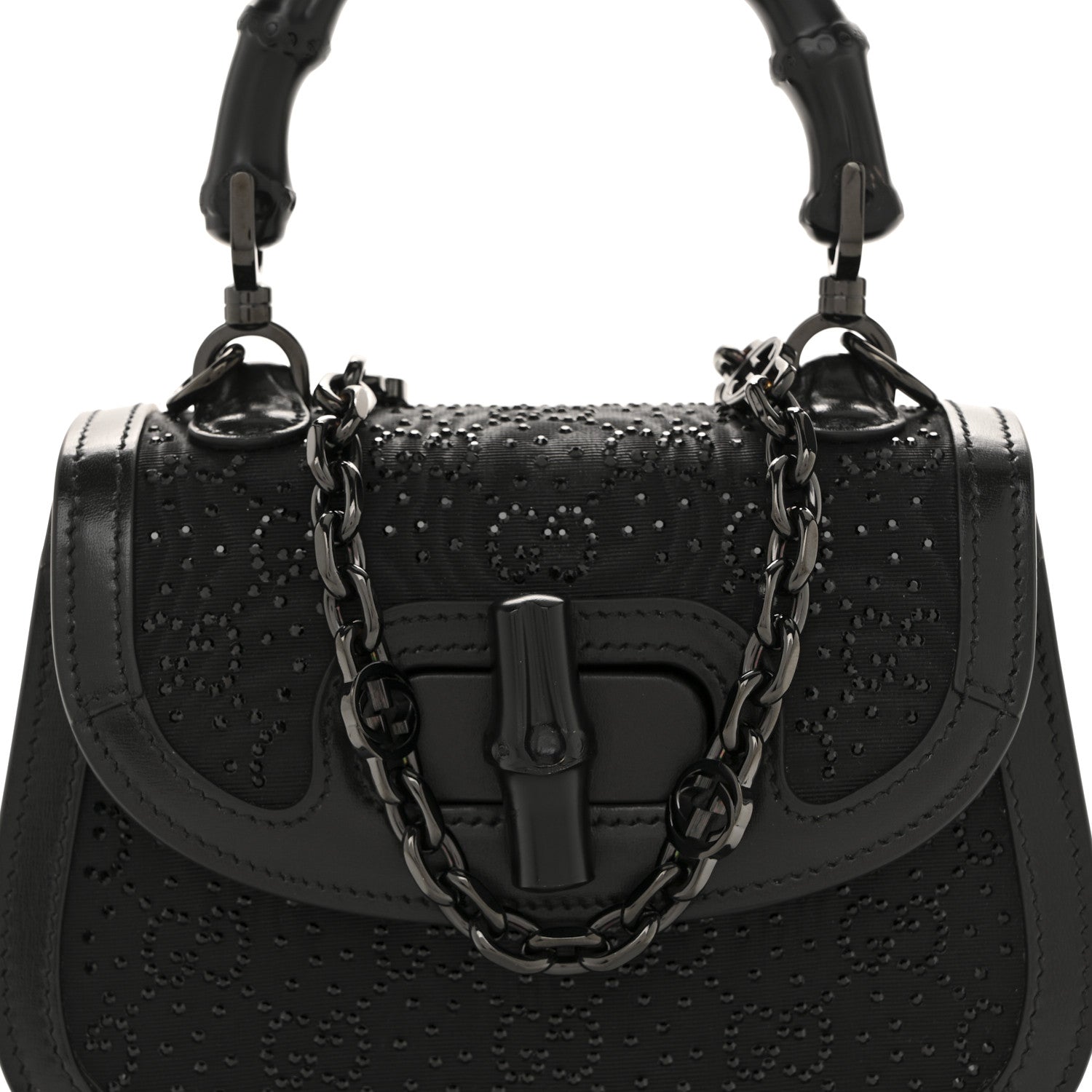 Moire Fabric Calfskin Rhinestone Monogram Monochrome Mini Bamboo 1947 Top Handle Chain Bag Black