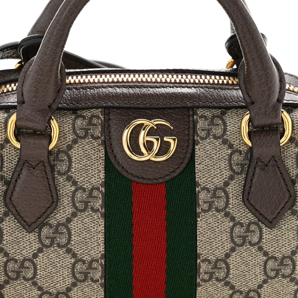 GG Supreme Monogram Textured Dollar Calfskin Web Super Mini Ophidia Top Handle Bowler Bag  Beige Ebony New Acero