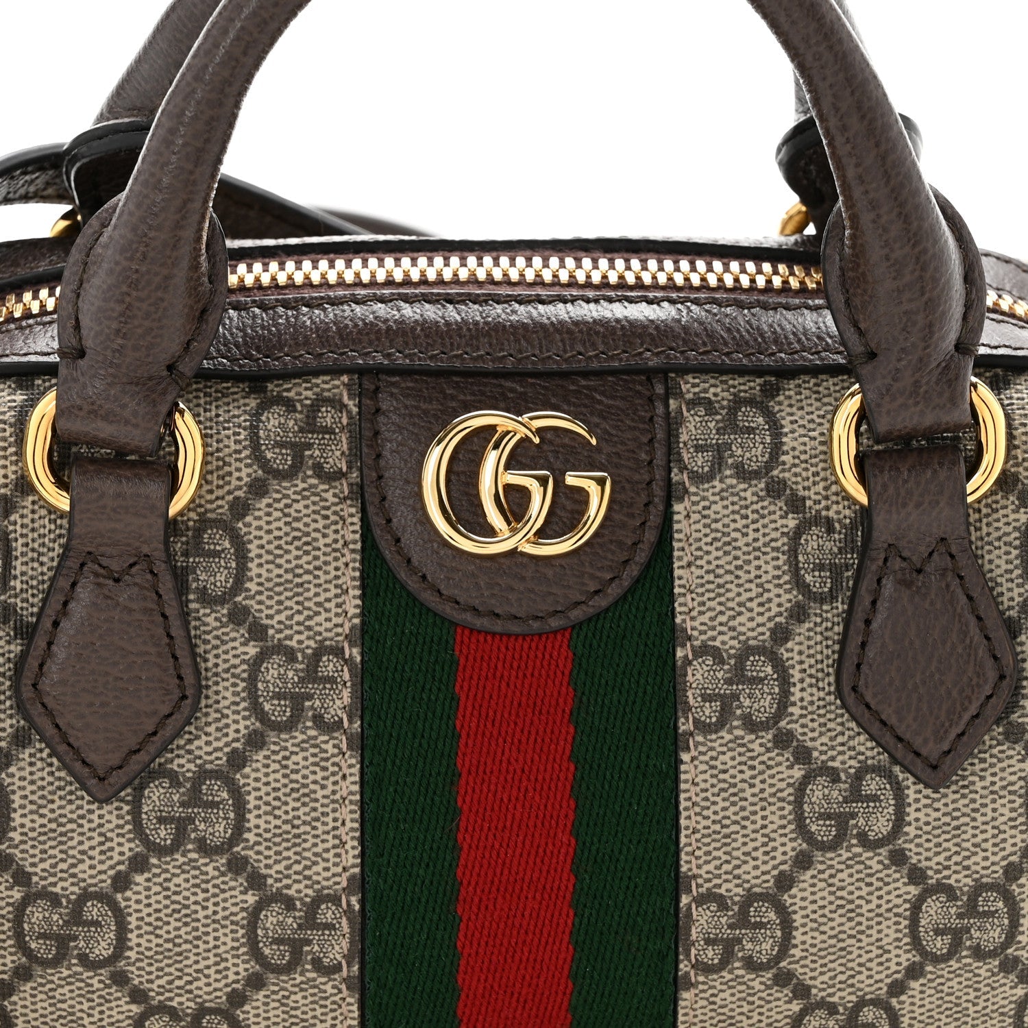 GG Supreme Monogram Textured Dollar Calfskin Web Super Mini Ophidia Top Handle Bowler Bag  Beige Ebony New Acero