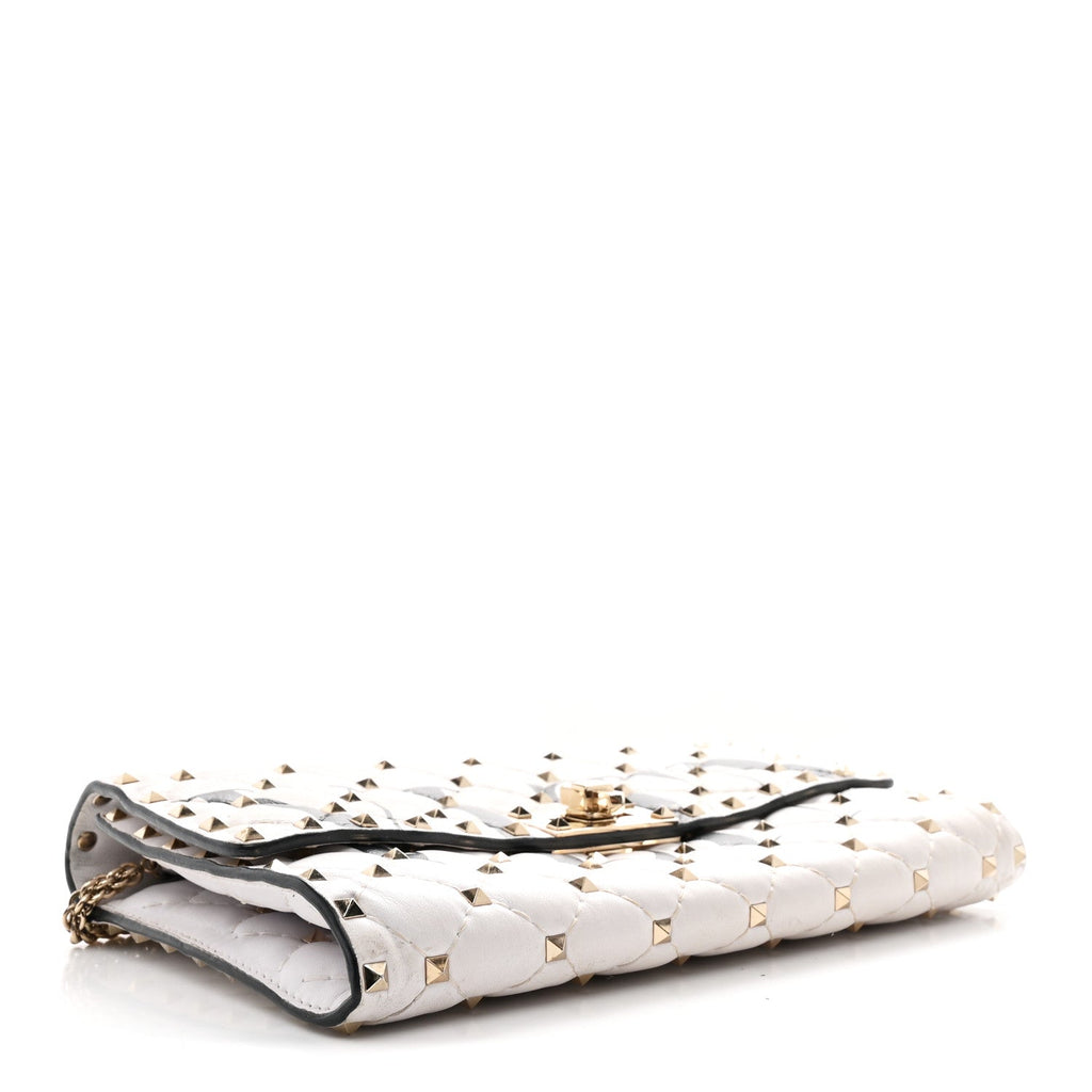 Lambskin VLTN Print Rockstud Spike Wallet On Chain White