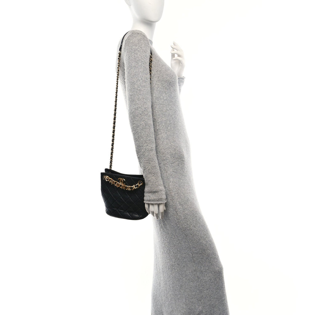 Lambskin Quilted Chaine Lettre Small Bucket Bag Black
