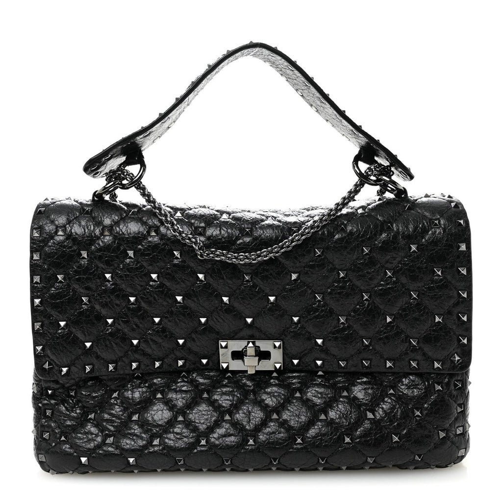 Craquele Nappa Large Rockstud Spike Shoulder Bag Black