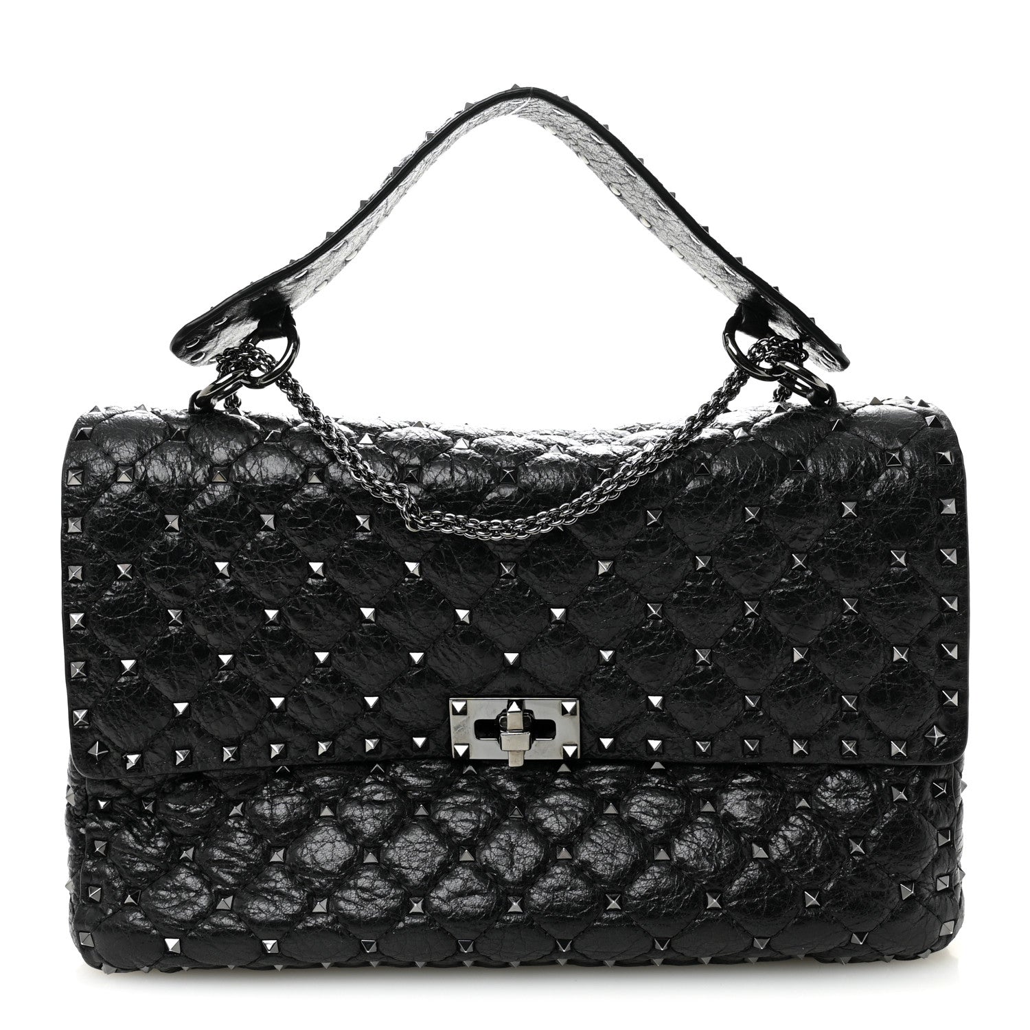 Craquele Nappa Large Rockstud Spike Shoulder Bag Black